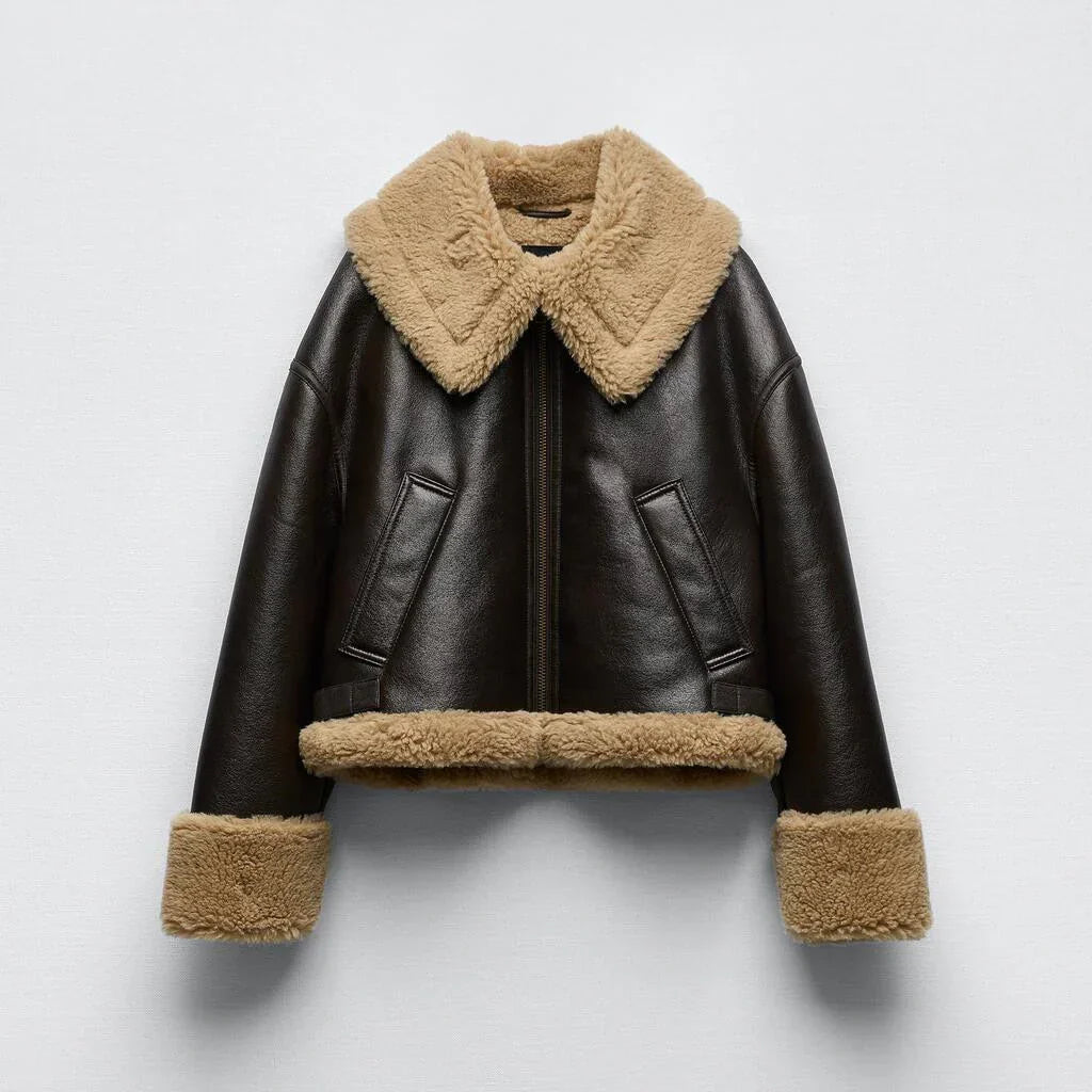 Drune | Aviator Jacke - braunes PU-Leder mit Schafen Trim - gemütlicher Winterstil