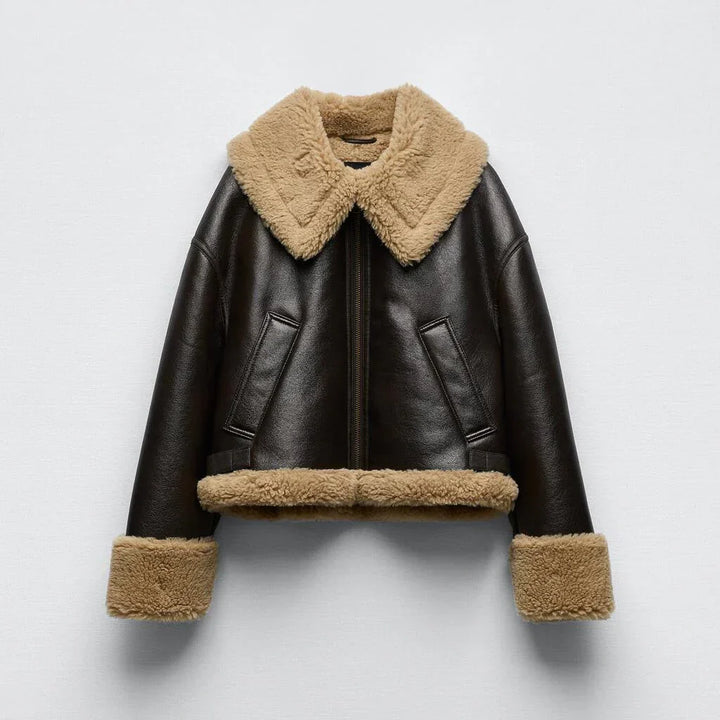Drune | Aviator Jacke - braunes PU-Leder mit Schafen Trim - gemütlicher Winterstil