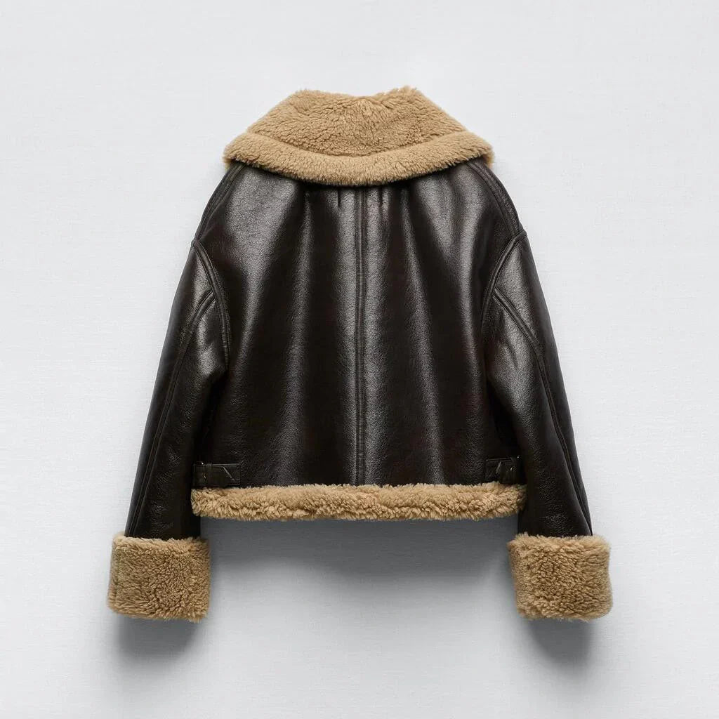 Drune | Aviator Jacke - braunes PU-Leder mit Schafen Trim - gemütlicher Winterstil