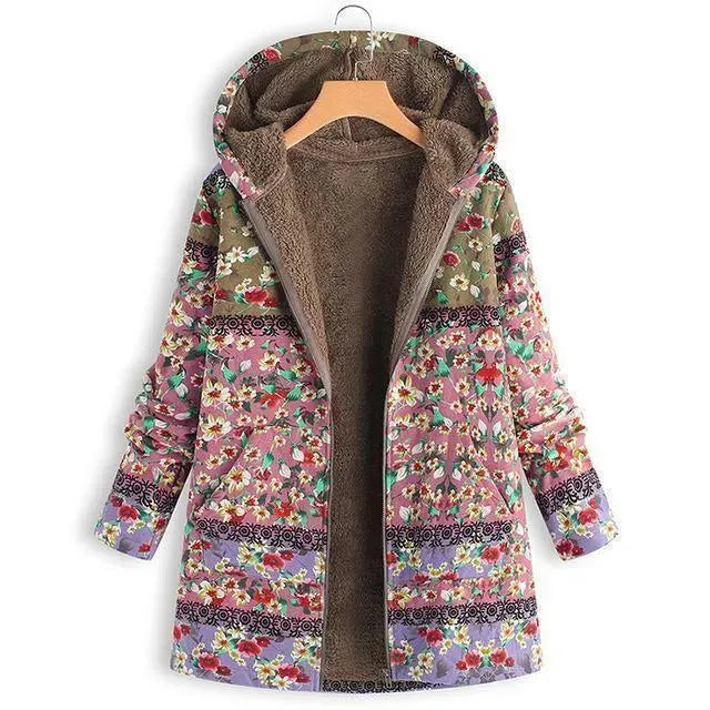 Drune | Floral Kapuzen Damen Fleece Mantel
