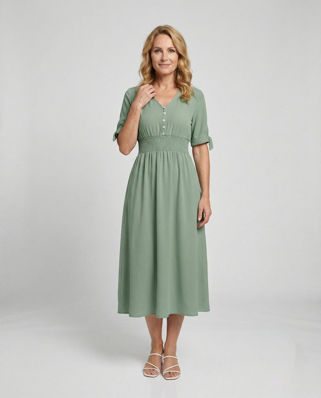 Damen Midikleid V-Ausschnitt mit Knopfleiste