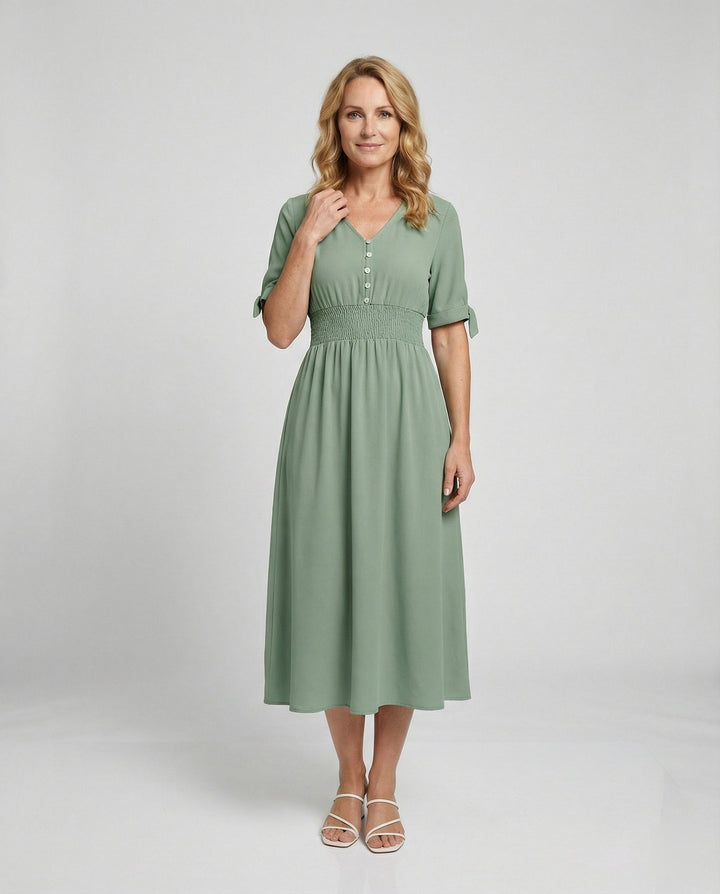 Damen Midikleid V-Ausschnitt mit Knopfleiste