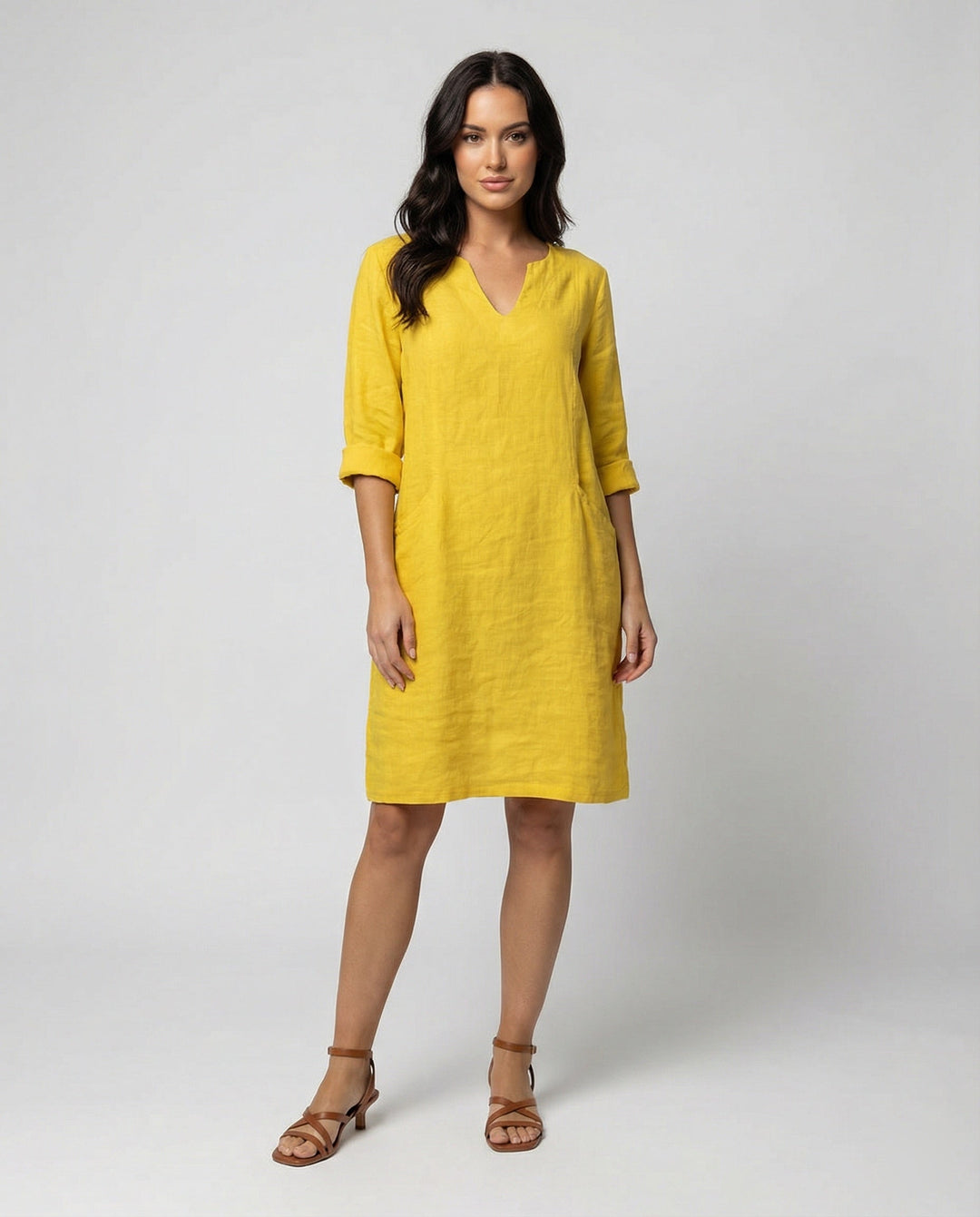 Damen Leinenkleid mit lockerer Passform und elegantem V-Ausschnitt Drune