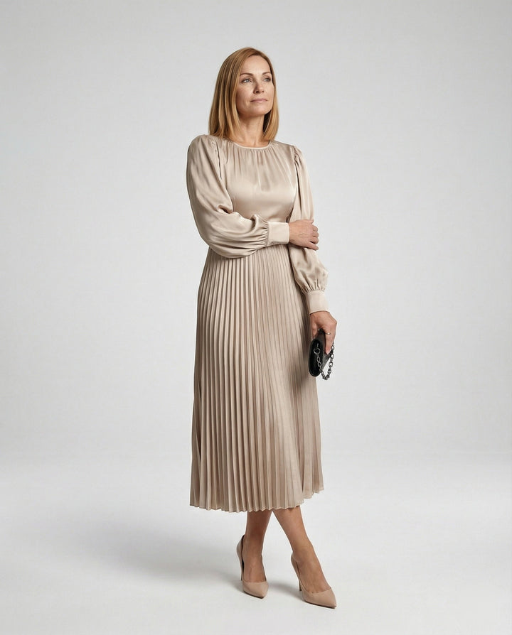 Damen Midikleid Plissee Satinoptik