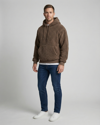 Herren Kuscheliger Teddy-Pullover mit Kapuze und elastischem Bund Drune