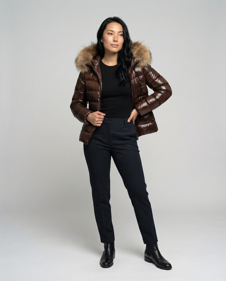 Damen Winterdaunenjacke mit abnehmbarer Kapuze und luxuriösem Fellkragen Drune