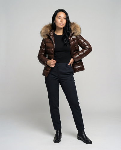 Damen Winterdaunenjacke mit abnehmbarer Kapuze und luxuriösem Fellkragen Drune
