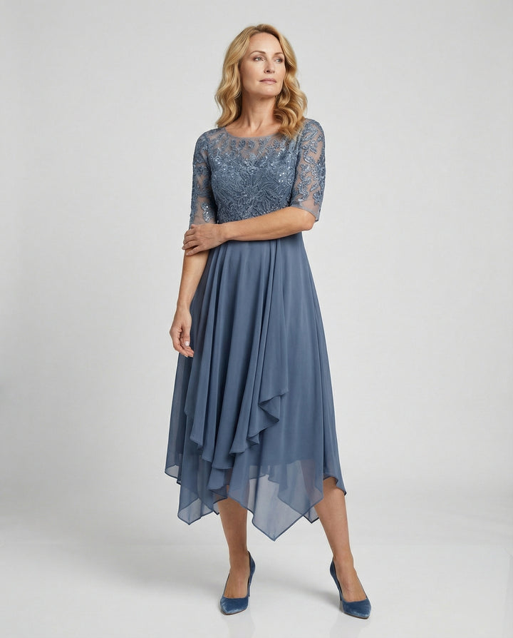 Drune - Damen Elegantes Spitze Chiffon Midikleid, Fließend & Feminin Geschnitten