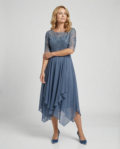 Drune - Damen Elegantes Spitze Chiffon Midikleid, Fließend & Feminin Geschnitten