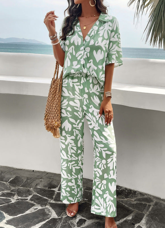Drune | Elegante Trendende Weiße Stranddruckhose & Bluse Satz
