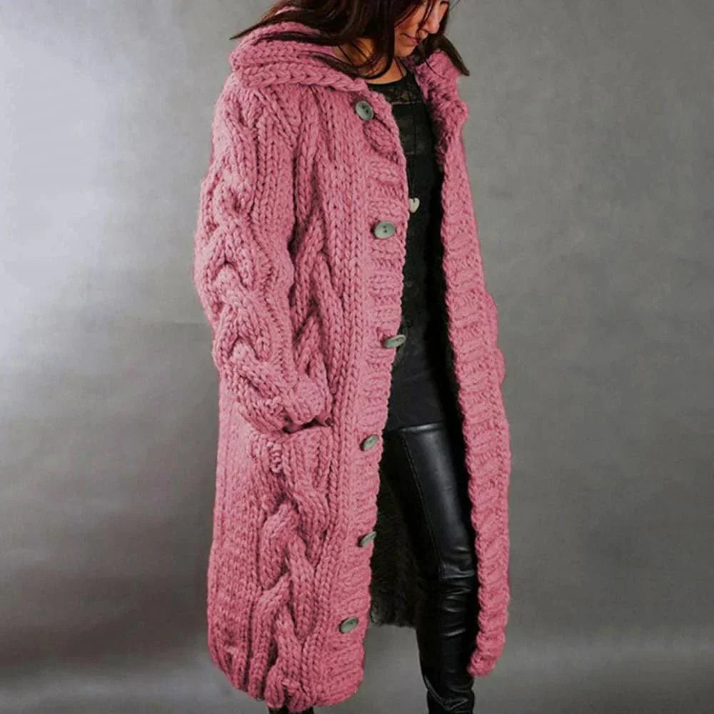 Drune | Strickmantel - Oversized Fit - Wollmischung - Kabelmuster - Langes Modell - Kapuze