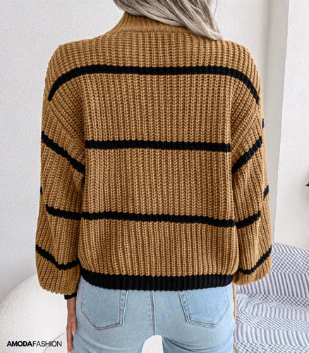 Drune | Pullover - Damen Herbst Gemütlicher Rollkragen Gestreifter Pullover