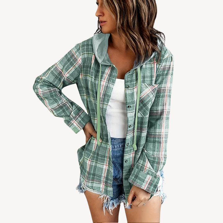 Drune | Damen Karierte Button-Down Hemdjacke mit Kapuze