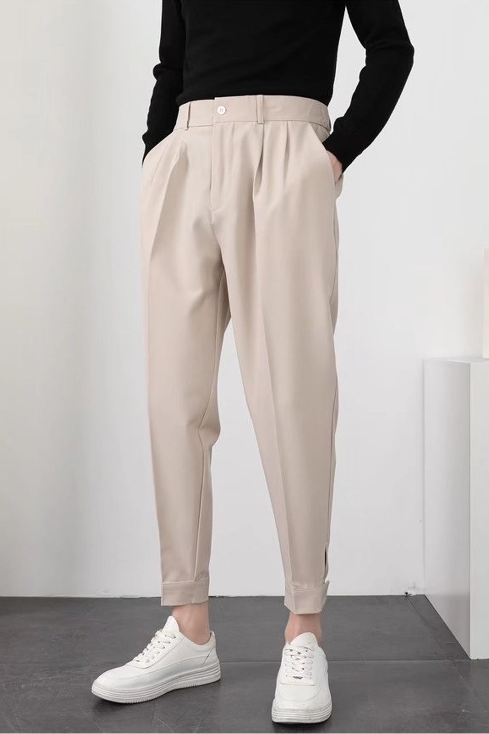 Drune | Herren High Waist Hose Weiß Stoffhose