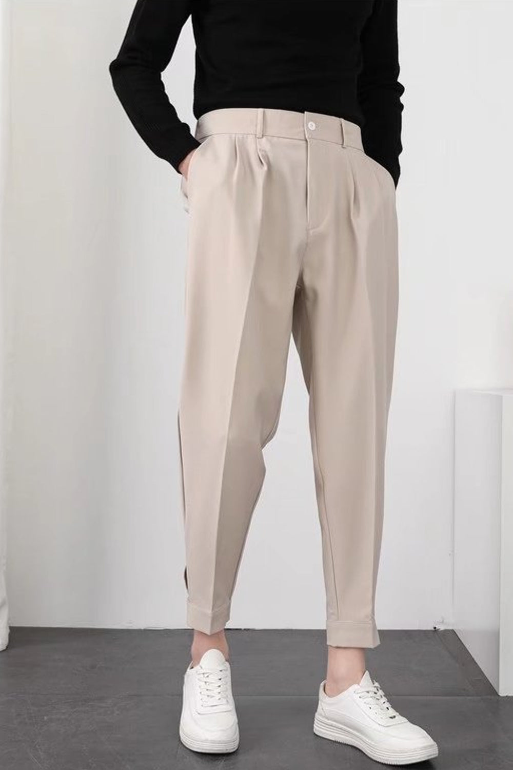 Drune | Herren High Waist Hose Weiß Stoffhose