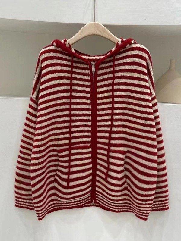 Drune | Hooded Gestreifter Langarmstrickstrickjacke