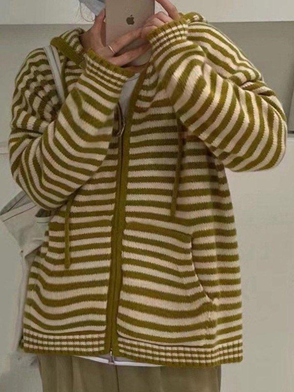 Drune | Hooded Gestreifter Langarmstrickstrickjacke
