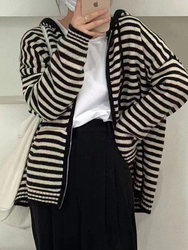 Drune | Cozy striped hooded cardigan with zipper