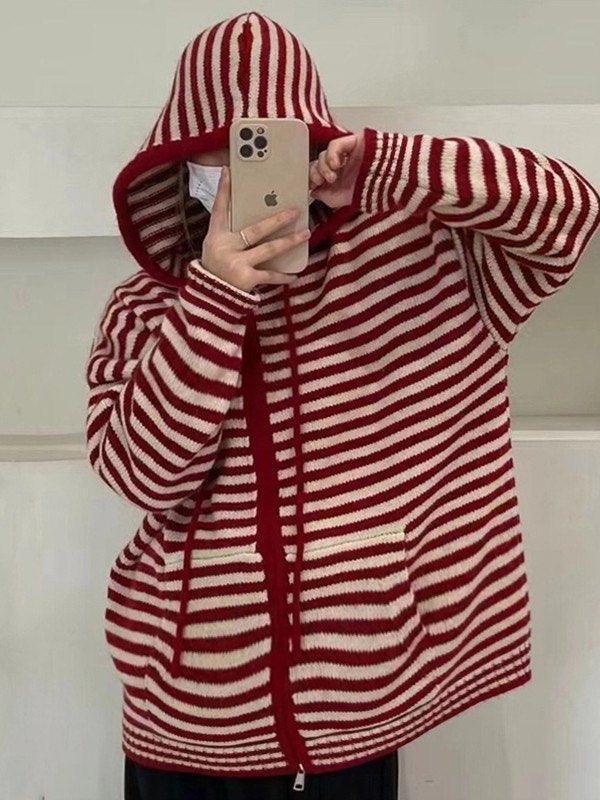Drune | Cozy striped hooded cardigan with zipper