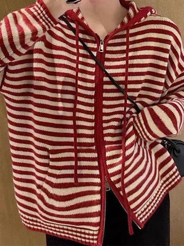 Drune | Cozy striped hooded cardigan with zipper
