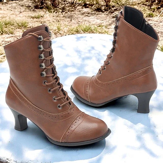 Drune | Damen Viktorianische Braune Mid-Heel Schnürstiefel mit Reißverschluss