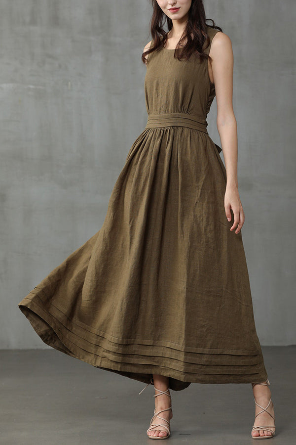 Drune | Cross Back O-Hals Maxikleid Leinen