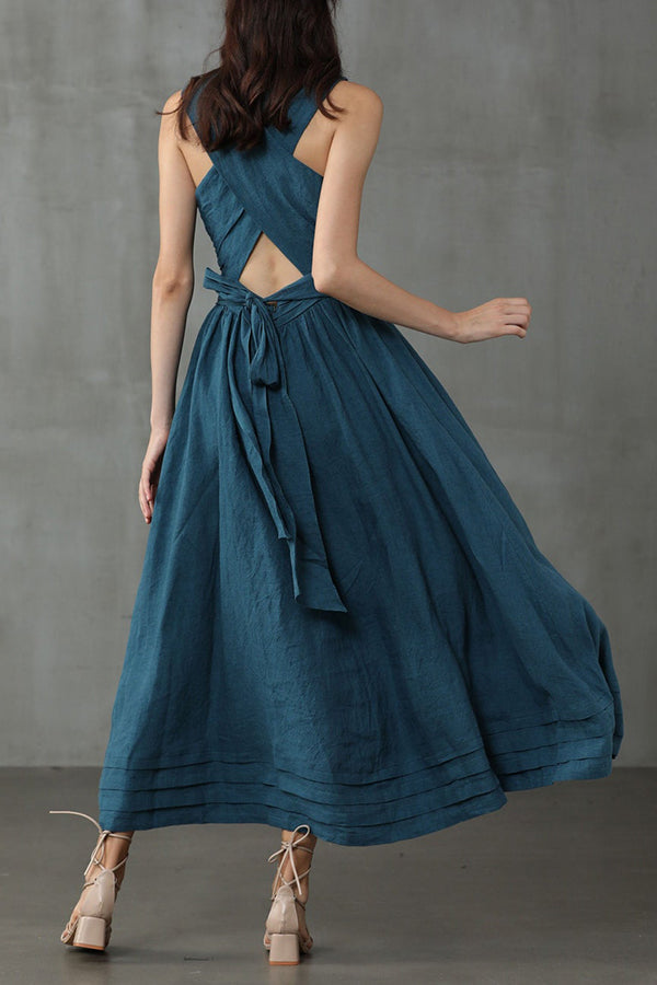 Drune | Cross Back O-Hals Maxikleid Leinen