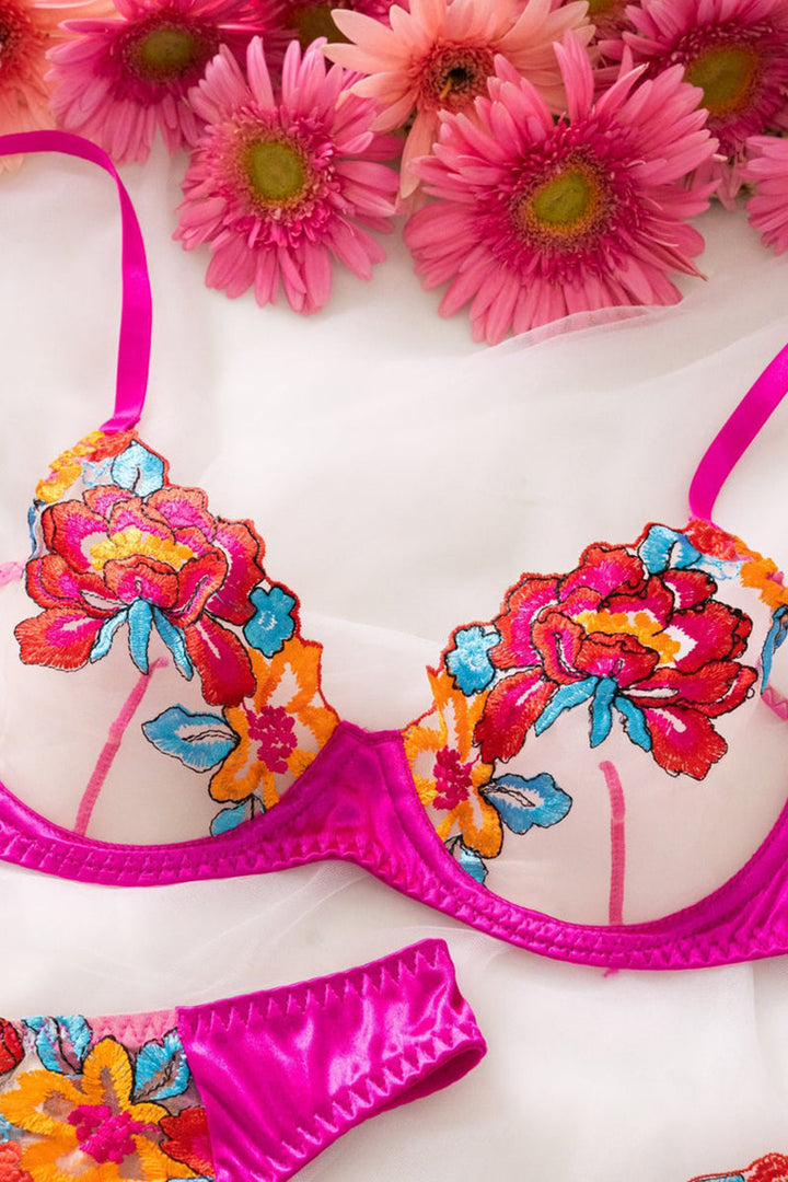 Drune | Satin Durchsichtige Blumen 3 Teile Lingerie Set