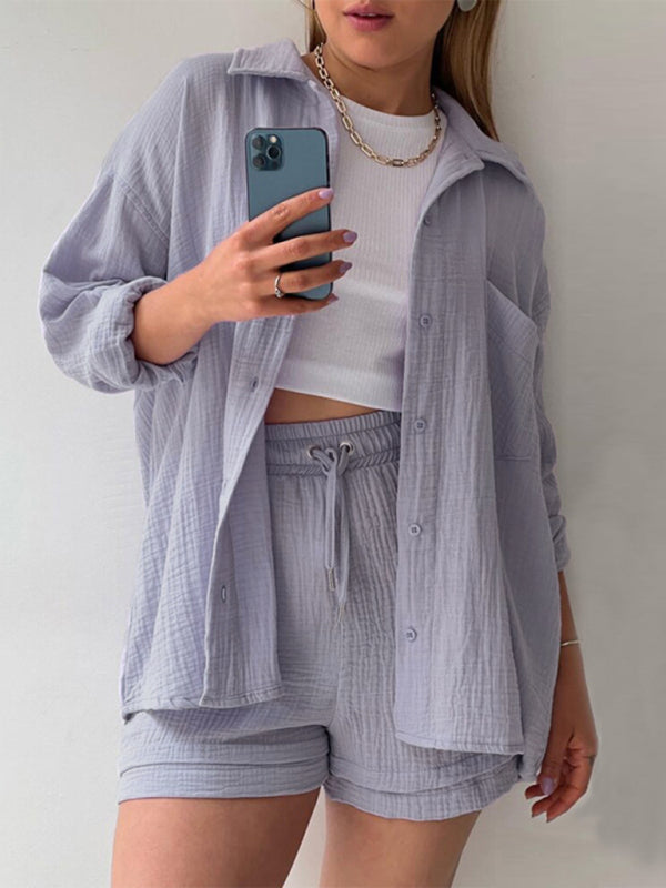 Drune | Damen Einfarbiges Reverskragen Hemd & Shorts Zweiteiliges Set