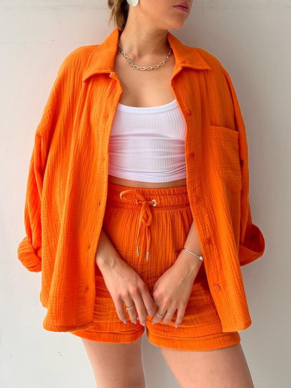 Drune | Damen Einfarbiges Reverskragen Hemd & Shorts Zweiteiliges Set