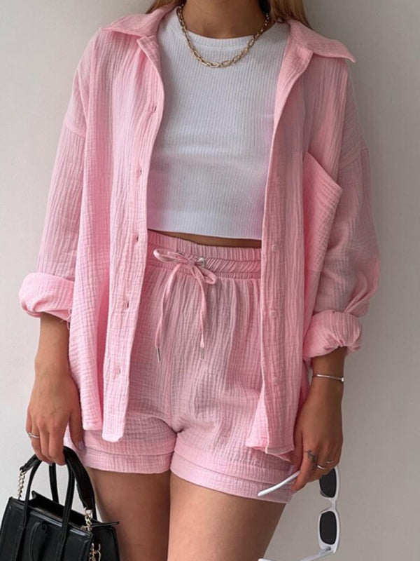 Drune | Damen Einfarbiges Reverskragen Hemd & Shorts Zweiteiliges Set