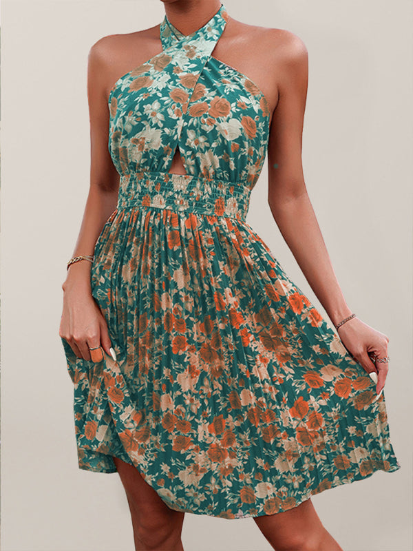 Drune | Damen Woven Sexy Halter Neck Rückenfreies Blumen Kleid
