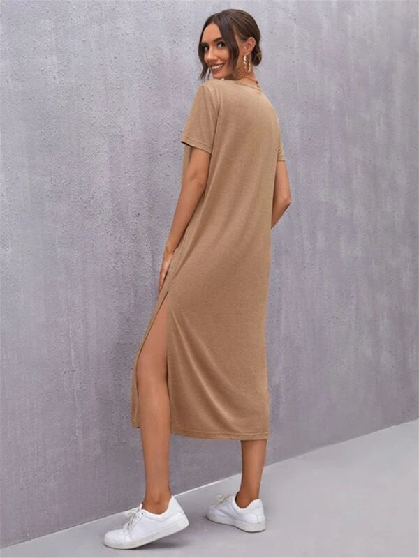 Drune | Damen Strickkurzarmkleid Rundhals Schlitz Mid Rock
