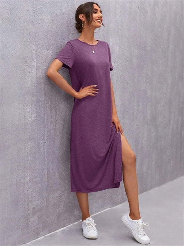 Drune | Damen Strickkurzarmkleid Rundhals Schlitz Mid Rock