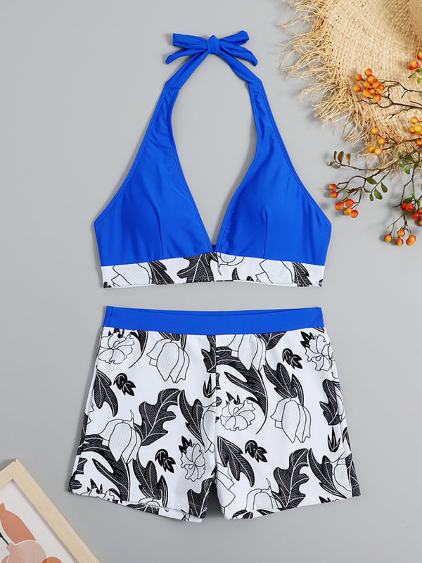 Drune | Damen Hohe Taille Boxer Bindung Bedruckt Einfarbiges Panel Bikini