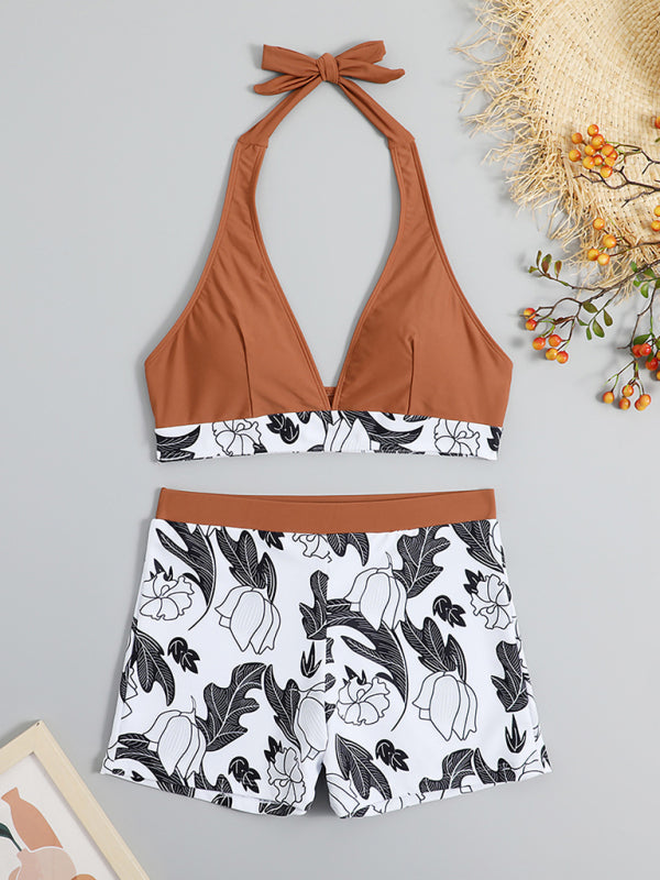 Drune | Damen Hohe Taille Boxer Bindung Bedruckt Einfarbiges Panel Bikini