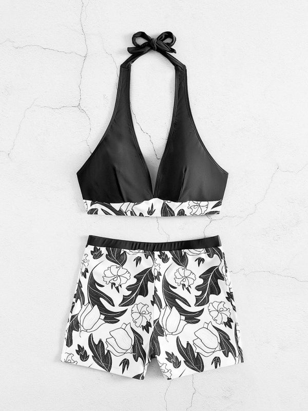 Drune | Damen Hohe Taille Boxer Bindung Bedruckt Einfarbiges Panel Bikini
