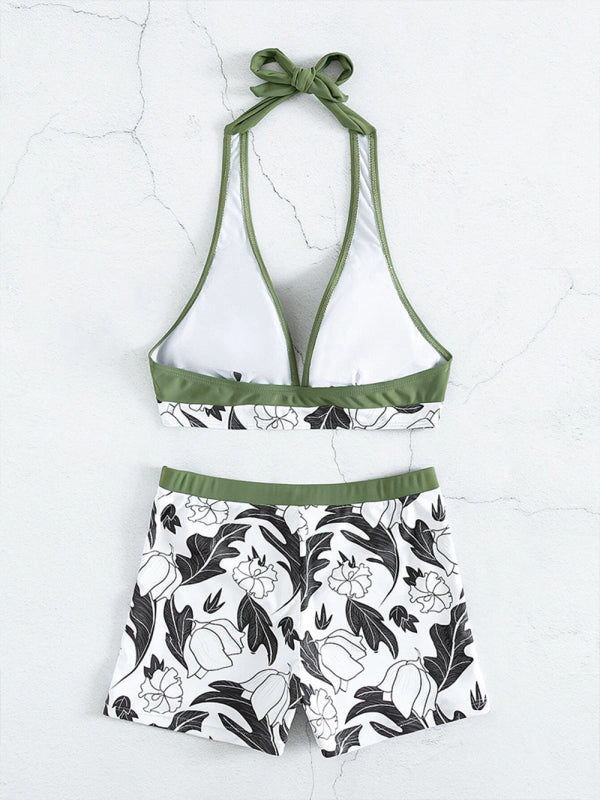 Drune | Damen Hohe Taille Boxer Bindung Bedruckt Einfarbiges Panel Bikini
