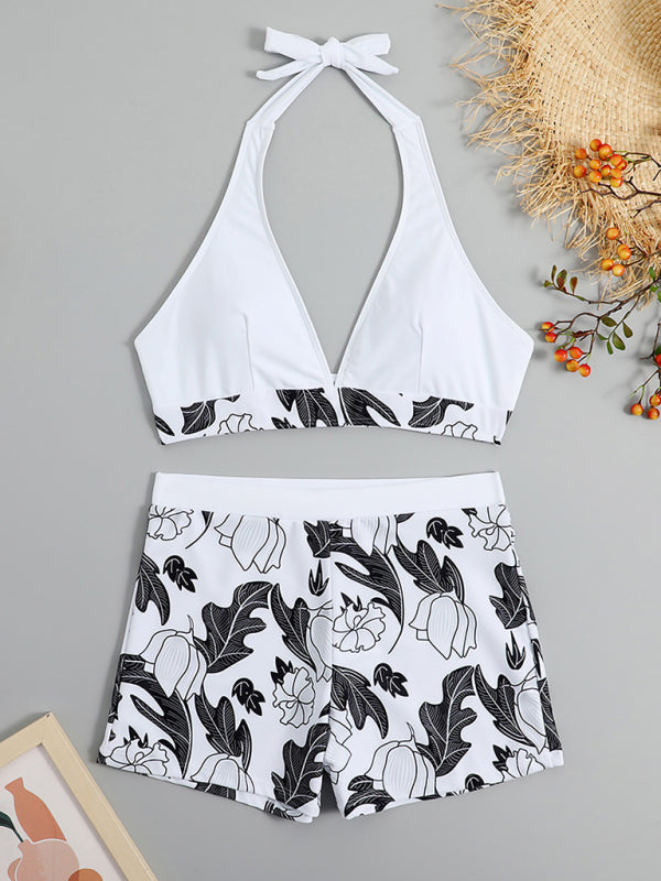 Drune | Damen Hohe Taille Boxer Bindung Bedruckt Einfarbiges Panel Bikini