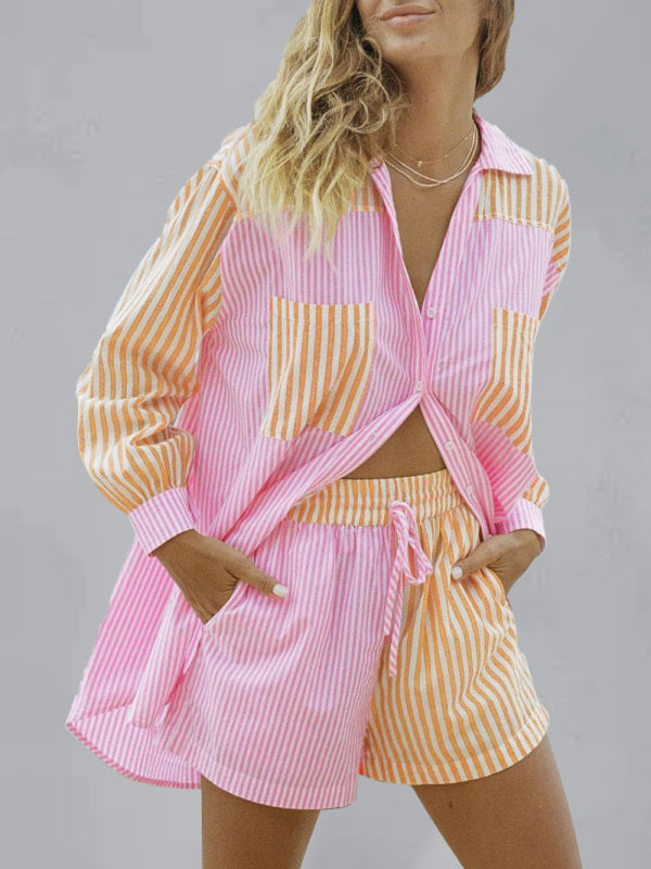 Drune | Sommer Strand Sportbekleidung Shorts Set Gestreiftes Hemd Tops Shorts Set Zweiteiliges Set