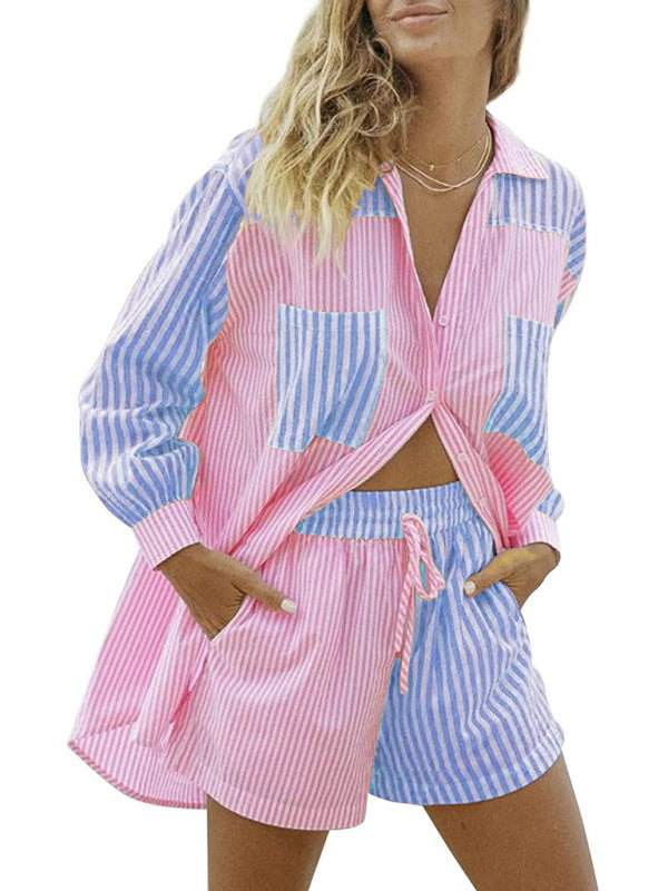 Drune | Sommer Strand Sportbekleidung Shorts Set Gestreiftes Hemd Tops Shorts Set Zweiteiliges Set