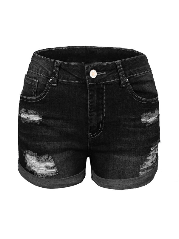 Drune | Damen Stretch Mittelhohe Denim-Shorts mit Löchern
