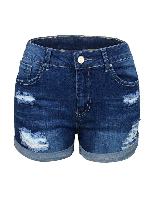 Drune | Damen Stretch Mittelhohe Denim-Shorts mit Löchern