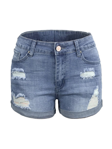 Drune | Damen Stretch Mittelhohe Denim-Shorts mit Löchern