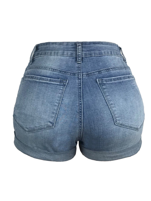 Drune | Damen Stretch Mittelhohe Denim-Shorts mit Löchern
