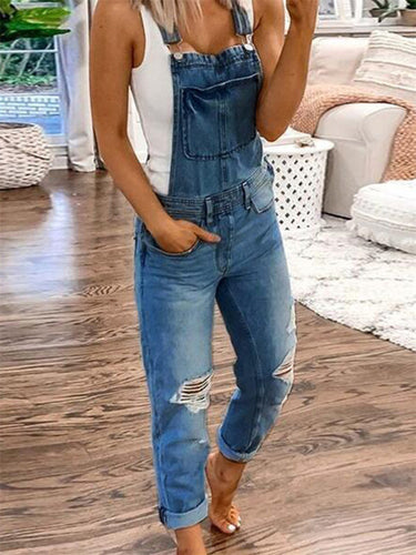 Drune | Doppel Schulter Träger Zerrissener Denim Overall Damen Lässig