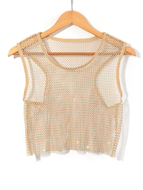 Drune | Sexy Mesh Blitz Diamant Fischernetz Weste Nachtclub Perspektive heißes Mädchen T-Shirt Top