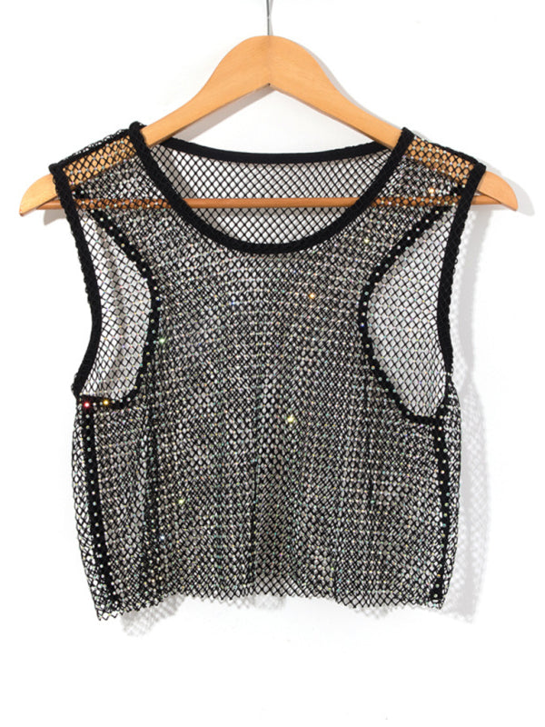 Drune | Sexy Mesh Blitz Diamant Fischernetz Weste Nachtclub Perspektive heißes Mädchen T-Shirt Top