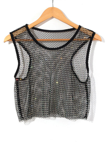 Drune | Sexy Mesh Blitz Diamant Fischernetz Weste Nachtclub Perspektive heißes Mädchen T-Shirt Top
