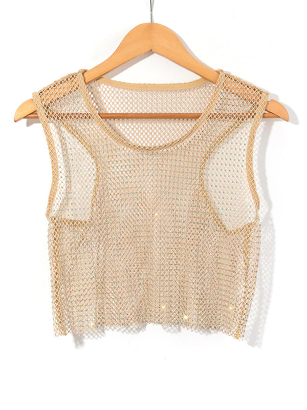 Drune | Sexy Mesh Blitz Diamant Fischernetz Weste Nachtclub Perspektive heißes Mädchen T-Shirt Top